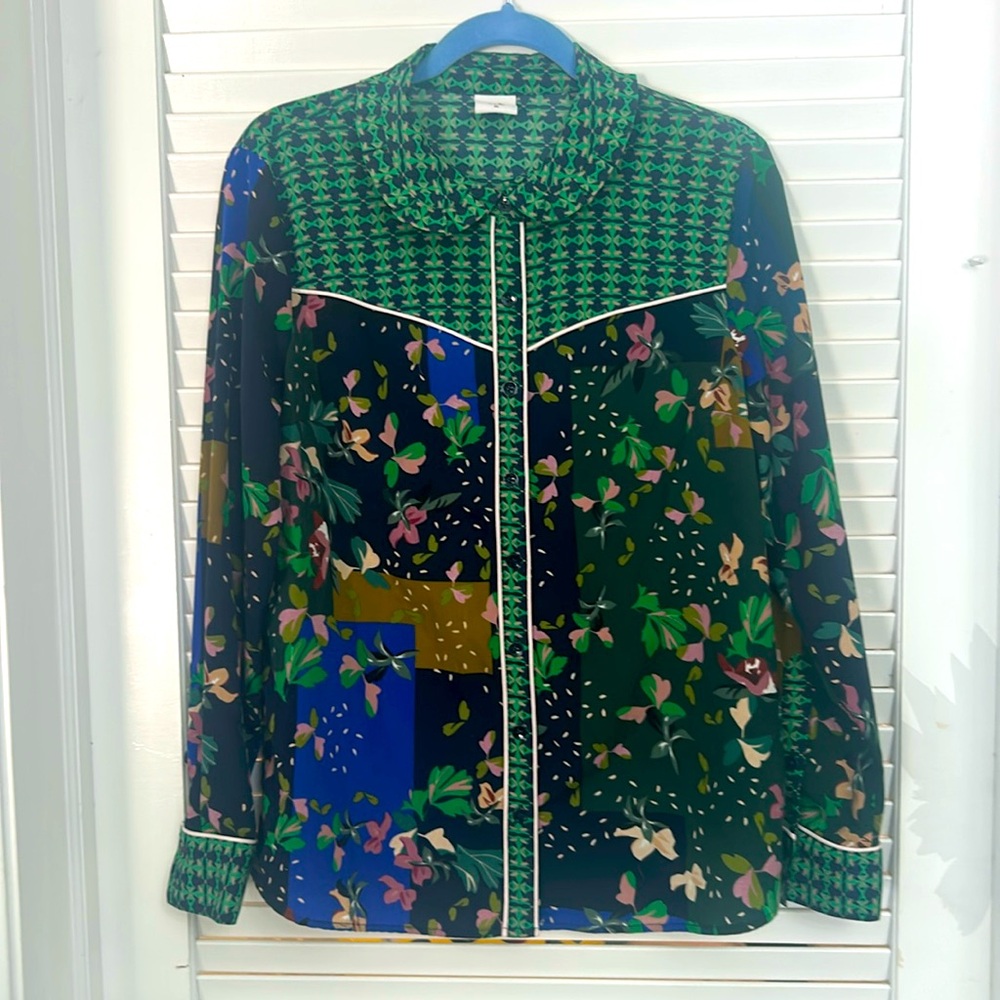 Cabi Burst of Mint Bronco Long Sleeve Top Blouse Green Blue Floral Size Medium
